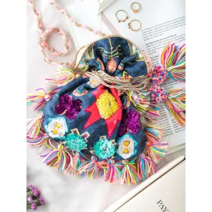 PS Accessories by Payal Singhal Payal Singhal Purple Ikat Star Print and Embroidered Sling Potli Bag for Women