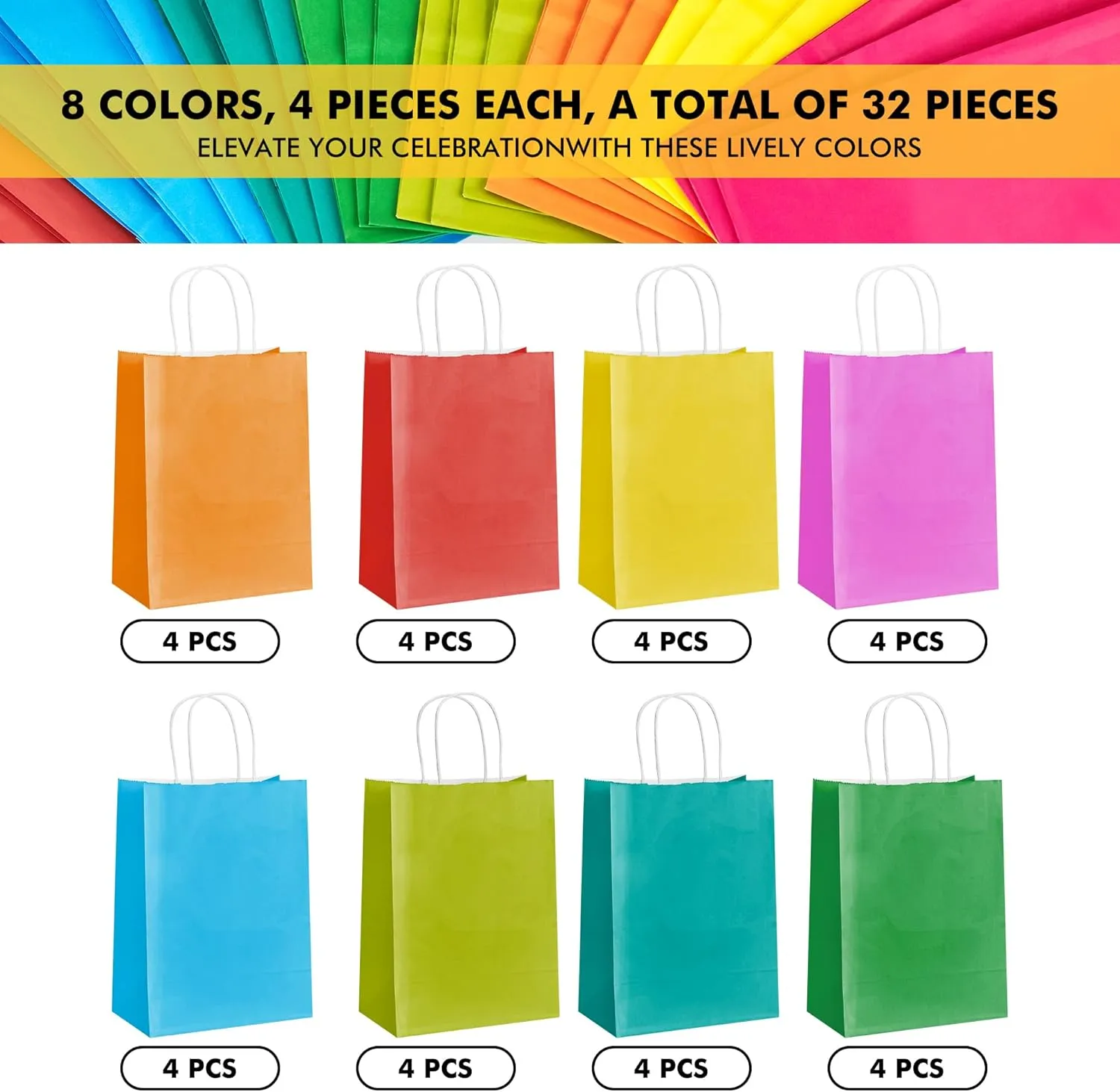 RACETOP 32 Pack Small Paper Gift Bags with Handles, 5.8"3.2"8.25" Kraft Paper Party Favor Bags Bulk for Kids Birthday, Baby Shower, Crafts, Wedding, Party Supplies (8 Colors)
