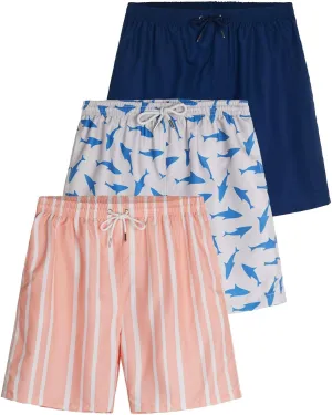 Real Essentials 3-Pack: Boy's Swim Board Shorts Trunks with Drawstring Beach UPF Swimwear Surf Swimming Short for Boys