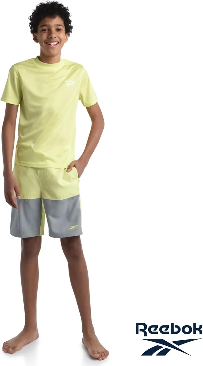 Reebok Boys' Rashguard Set - 3 Piece UPF 50  Long Sleeve and Short Sleeve Swim Shirts and Bathing Suit Boardshorts (8-20)