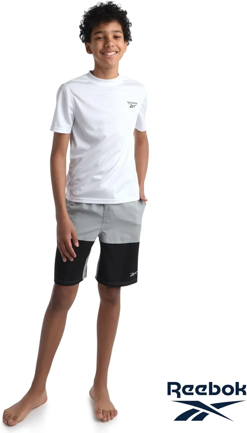 Reebok Boys' Rashguard Set - 3 Piece UPF 50  Long Sleeve and Short Sleeve Swim Shirts and Bathing Suit Boardshorts (8-20)