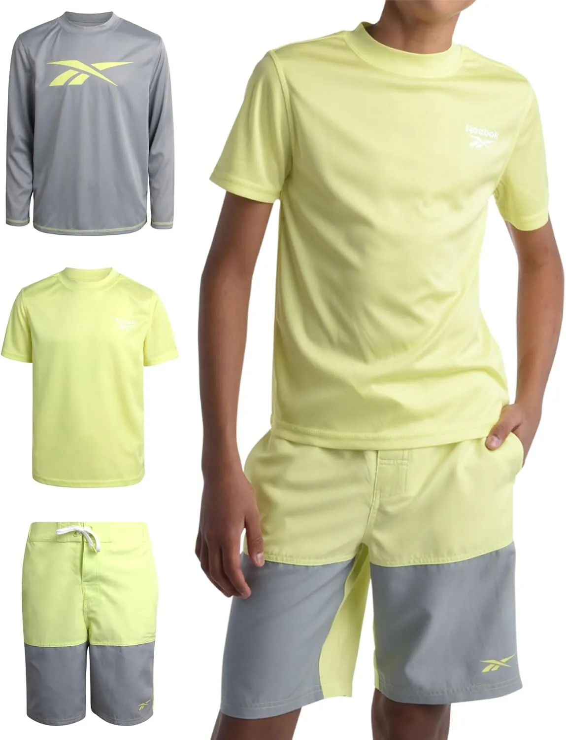 Reebok Boys' Rashguard Set - 3 Piece UPF 50  Long Sleeve and Short Sleeve Swim Shirts and Bathing Suit Boardshorts (8-20)