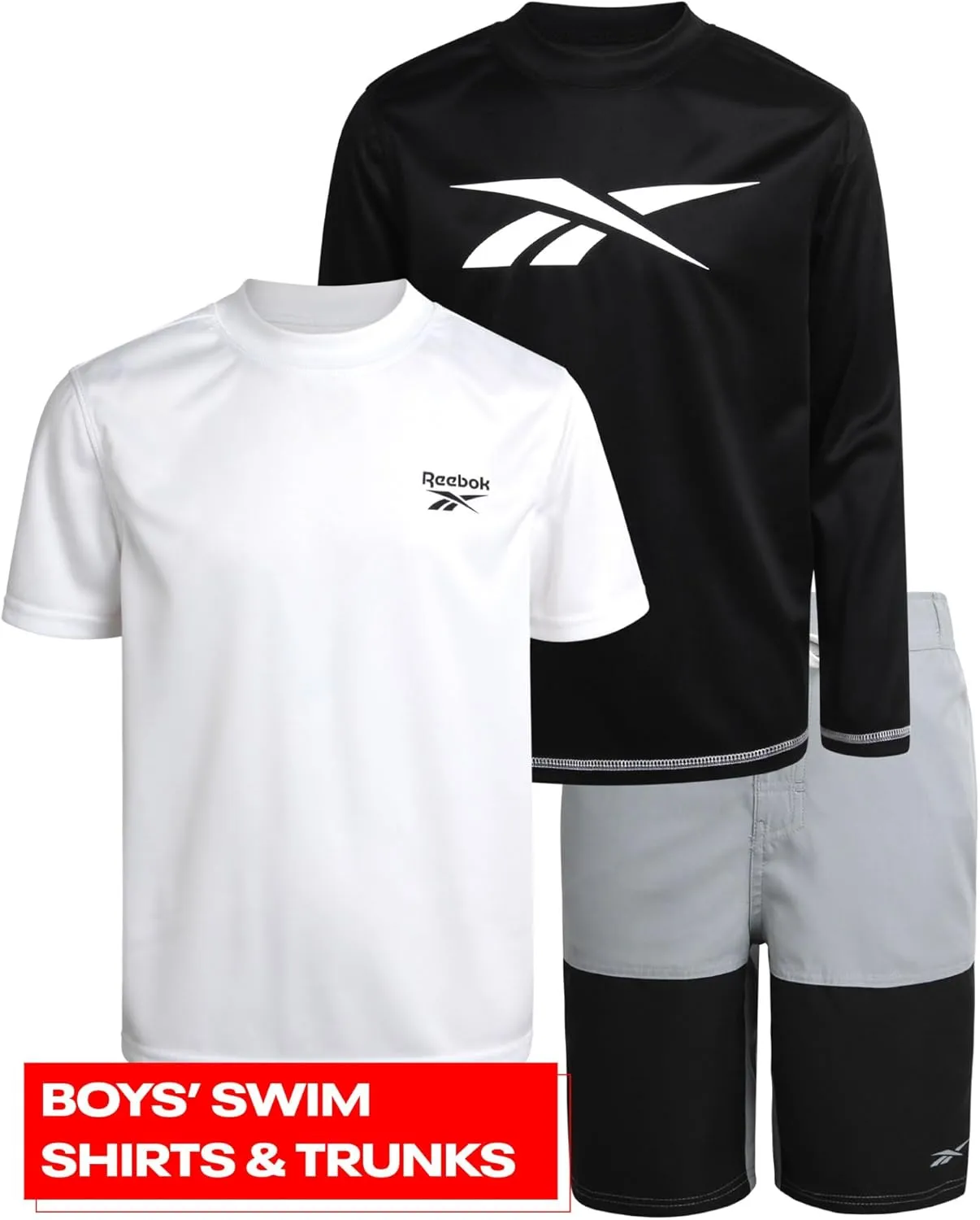 Reebok Boys' Rashguard Set - 3 Piece UPF 50  Long Sleeve and Short Sleeve Swim Shirts and Bathing Suit Boardshorts (8-20)