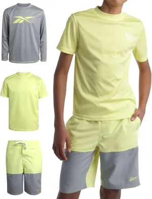 Reebok Boys' Rashguard Set - 3 Piece UPF 50  Long Sleeve and Short Sleeve Swim Shirts and Bathing Suit Boardshorts (8-20)