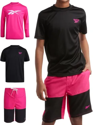 Reebok Boys' Rashguard Set - 3 Piece UPF 50  Long Sleeve and Short Sleeve Swim Shirts and Bathing Suit Boardshorts (8-20)