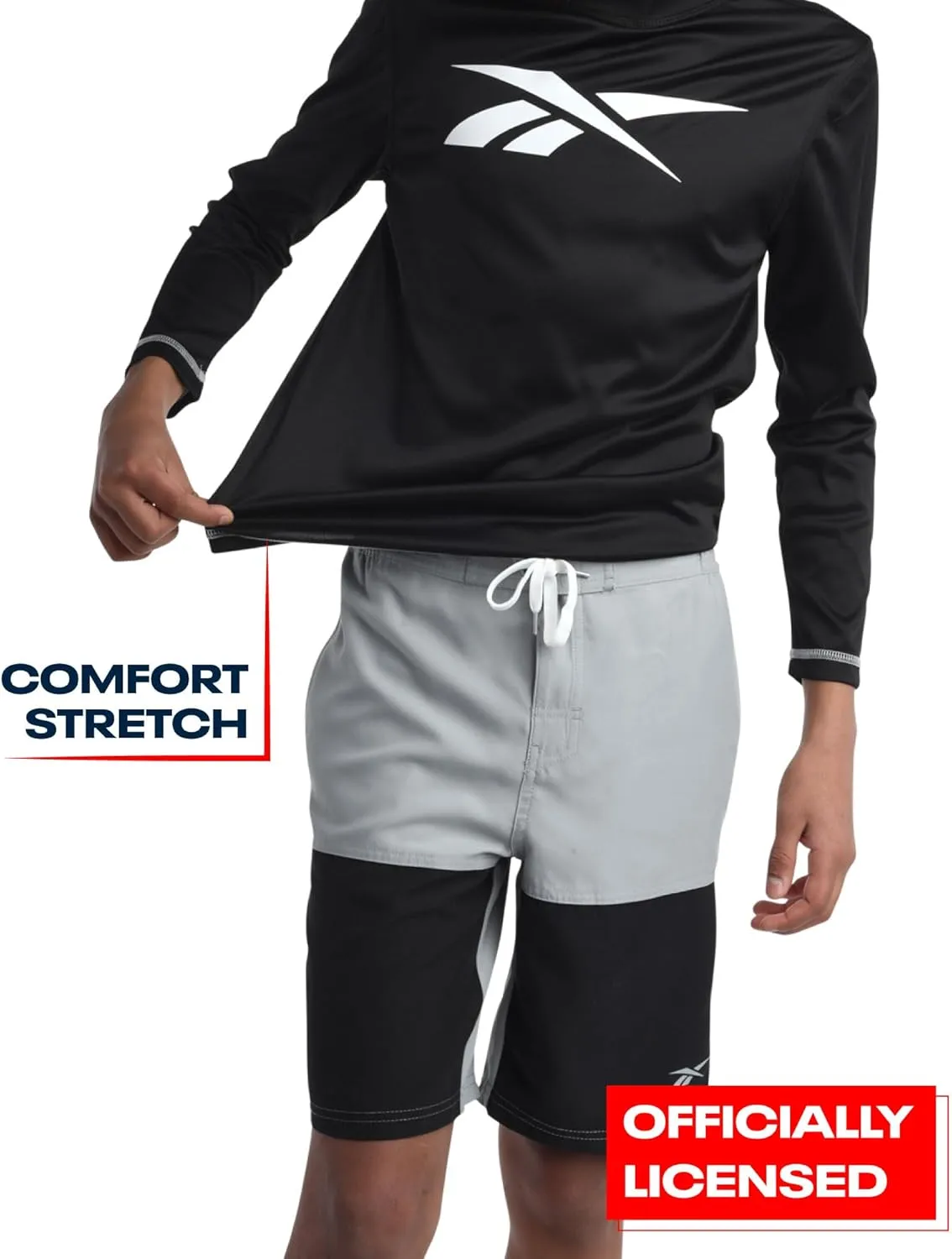 Reebok Boys' Rashguard Set - 3 Piece UPF 50  Long Sleeve and Short Sleeve Swim Shirts and Bathing Suit Boardshorts (8-20)