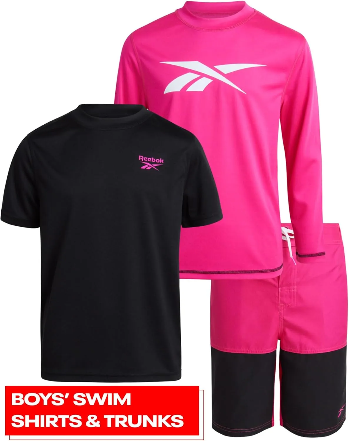 Reebok Boys' Rashguard Set - 3 Piece UPF 50  Long Sleeve and Short Sleeve Swim Shirts and Bathing Suit Boardshorts (8-20)