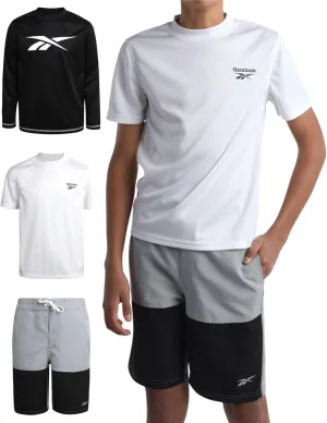 Reebok Boys' Rashguard Set - 3 Piece UPF 50  Long Sleeve and Short Sleeve Swim Shirts and Bathing Suit Boardshorts (8-20)
