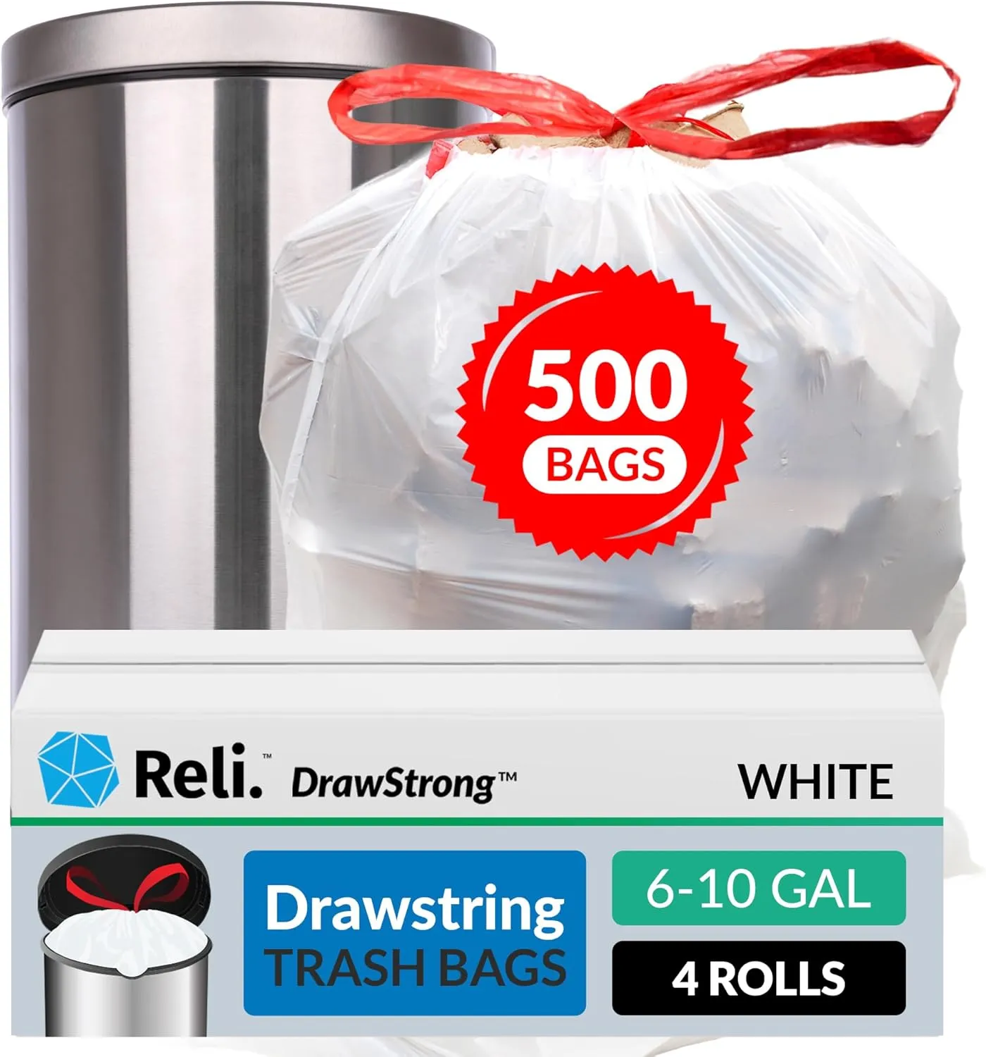 Reli. 6-10 Gallon Trash Bags Drawstring | 500 Count Bulk | 22"x23" | 6, 8, 10 Gallon Drawstring Garbage Bags | White Trash Can Liners | Small - Medium