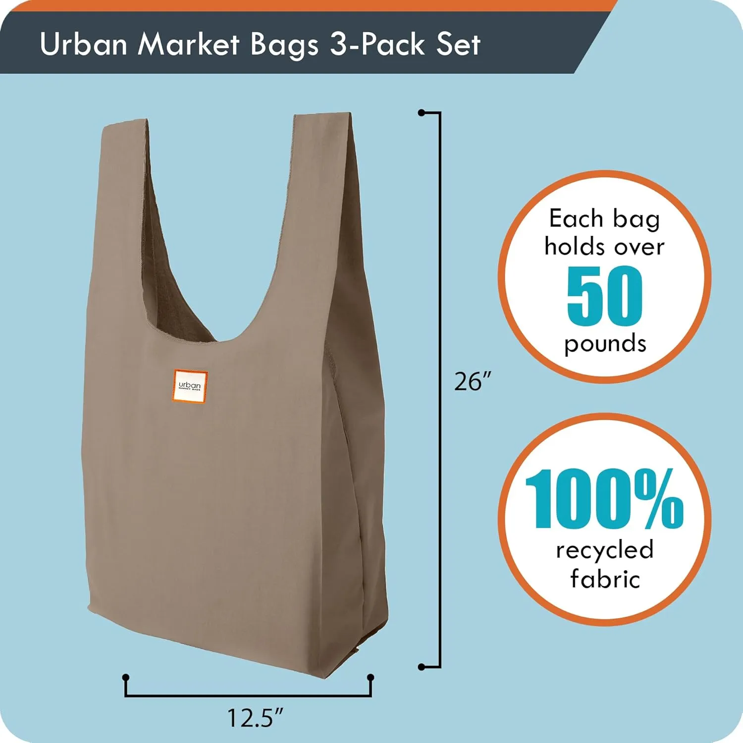 Reusable Shopping Bags for Groceries, Versatile Totes W/Drawstring Pack, 26" x 12.5", Set of 3, Meadow