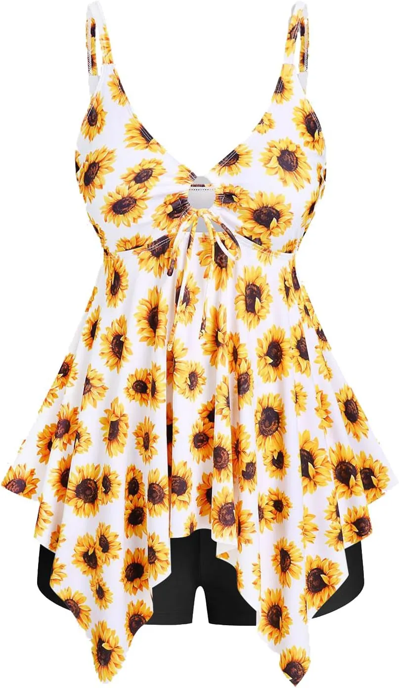 ROSE GAL Rosegal Women Plus Size Modest Tankini Swimsuit Handkerchief Sunflower Cinched Boyleg Swimwer