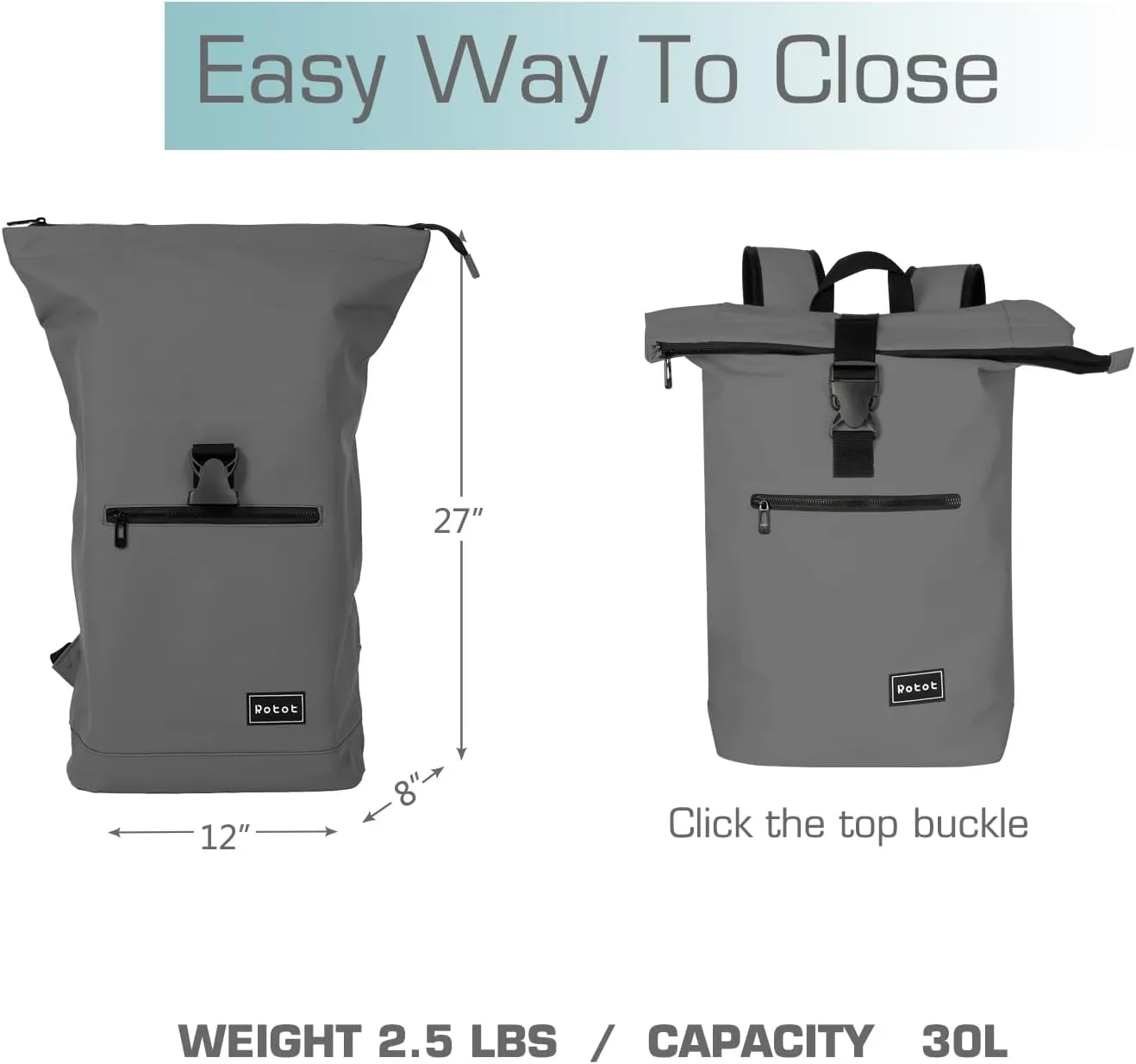 ROTOT Roll Top Travel Backpack, 22L High Volume Laptop Bag Carry on Accessories Essentials (Gray)