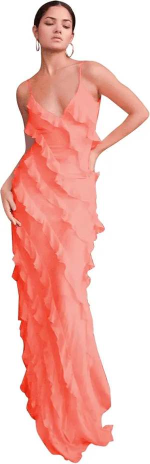Ruffle Chiffon Prom Dresses Spaghetti Strap V Neck Evening Dresses Split Maxi Cocktail Party Dress