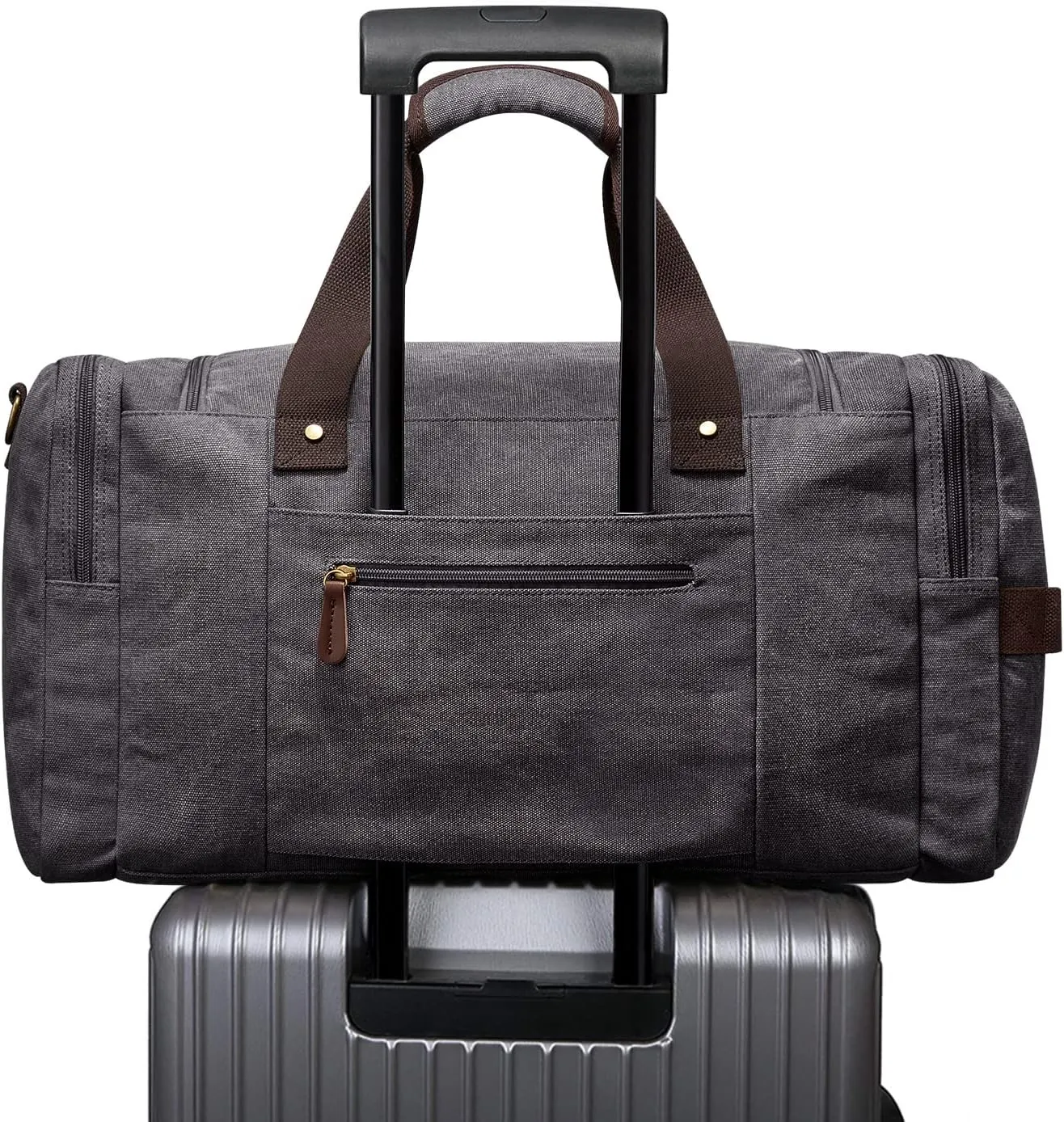 S-ZONE 65L Expandable Canvas Duffle Bag Travel Overnight Holdall Weekend Bag with Shoes Compartment Large Carry On Bag Tote Gym Bag for Men Women, Grey, L