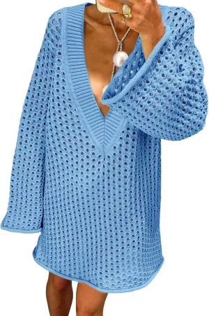 Saodimallsu Women Crochet Cover Up Long Sleeve Deep V Neck Hollow Out Sweater Oversized Beach Mini Dress Bathing Suit Coverup