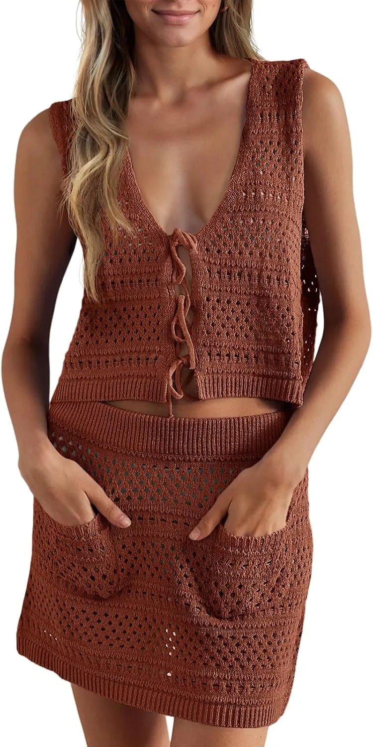 Saodimallsu Womens Crochet Swim Cover Up 2 Piece V Neck Sleeveless Front Tie Crop Tops Beach Mini Skirt Coverup Set