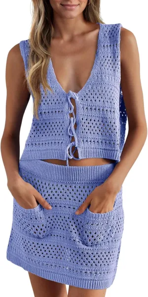 Saodimallsu Womens Crochet Swim Cover Up 2 Piece V Neck Sleeveless Front Tie Crop Tops Beach Mini Skirt Coverup Set