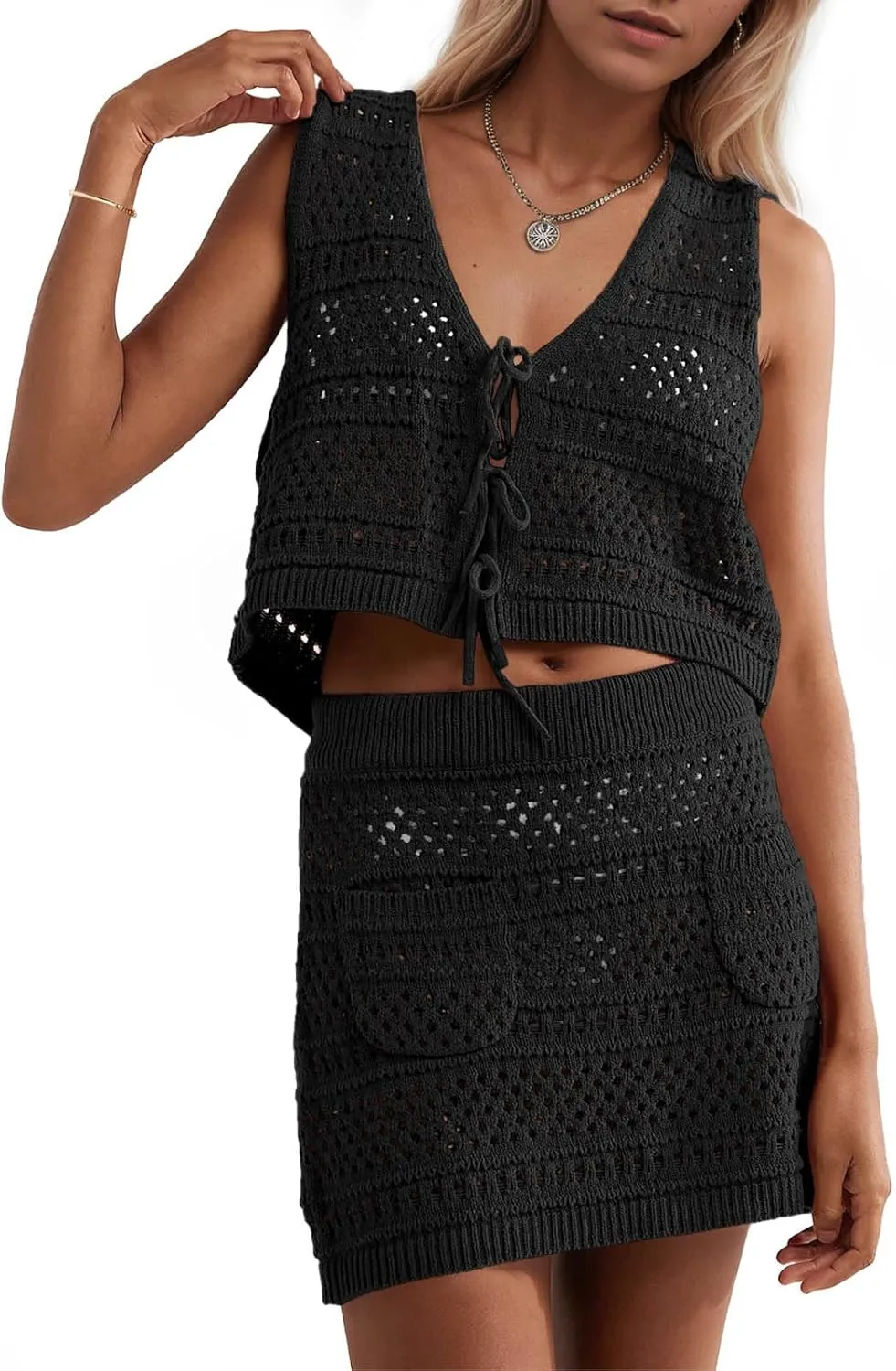 Saodimallsu Womens Crochet Swim Cover Up 2 Piece V Neck Sleeveless Front Tie Crop Tops Beach Mini Skirt Coverup Set