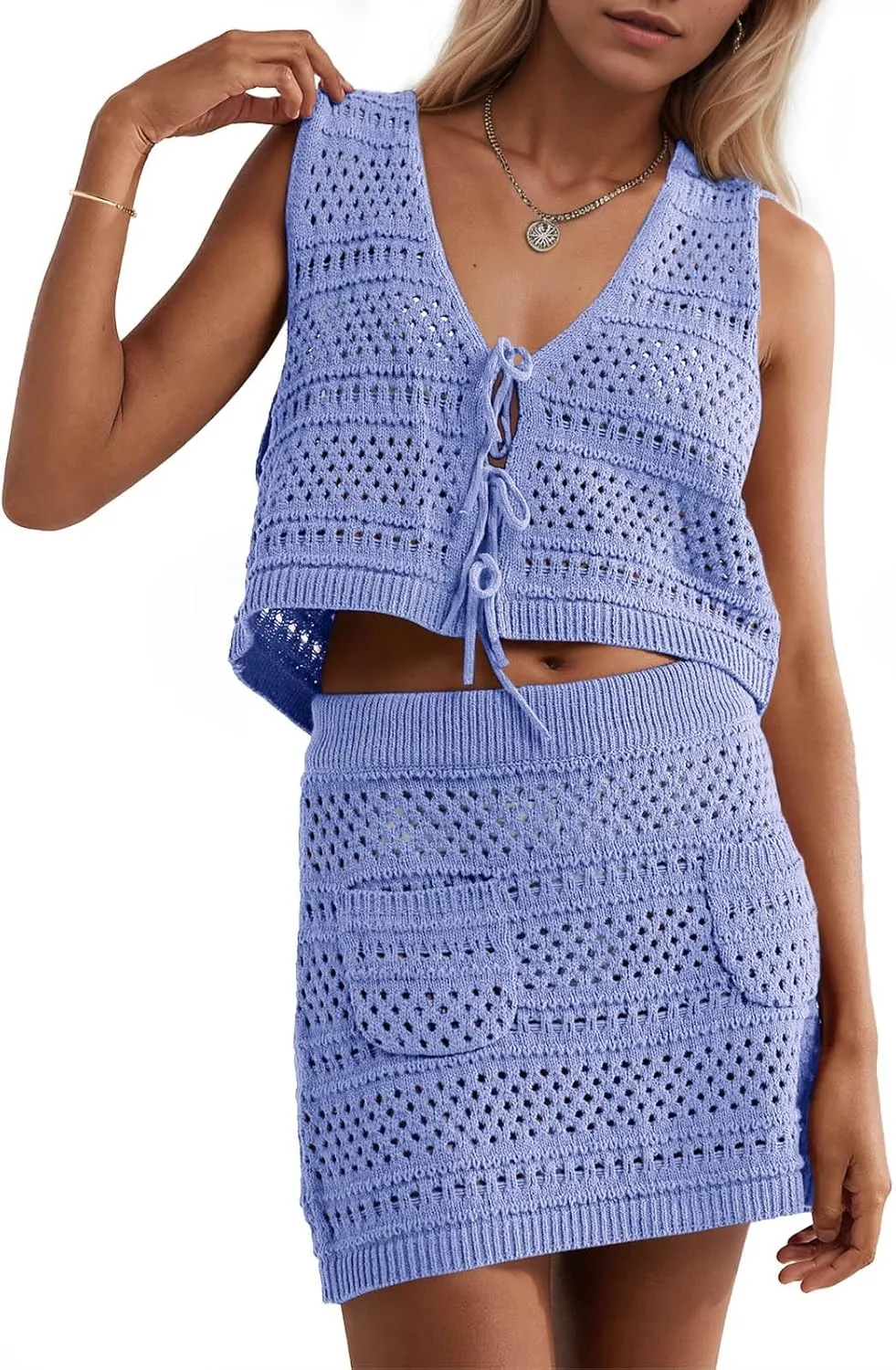 Saodimallsu Womens Crochet Swim Cover Up 2 Piece V Neck Sleeveless Front Tie Crop Tops Beach Mini Skirt Coverup Set