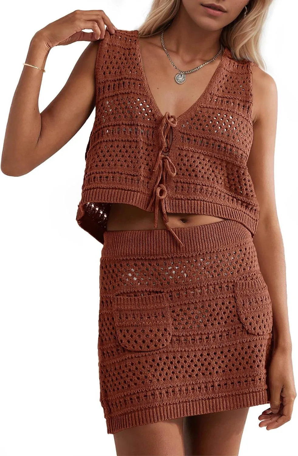 Saodimallsu Womens Crochet Swim Cover Up 2 Piece V Neck Sleeveless Front Tie Crop Tops Beach Mini Skirt Coverup Set