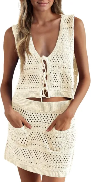 Saodimallsu Womens Crochet Swim Cover Up 2 Piece V Neck Sleeveless Front Tie Crop Tops Beach Mini Skirt Coverup Set