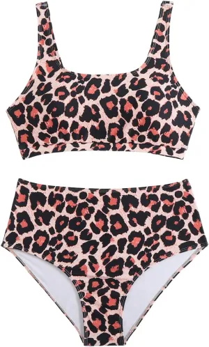 Savarana Women's High Waisted Bikini Sets Two Piece Swimsuit Cheeky Scoop Neck Swimwear High Cut Sporty Bathing Suits