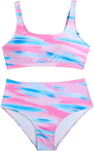 Savarana Women's High Waisted Bikini Sets Two Piece Swimsuit Cheeky Scoop Neck Swimwear High Cut Sporty Bathing Suits