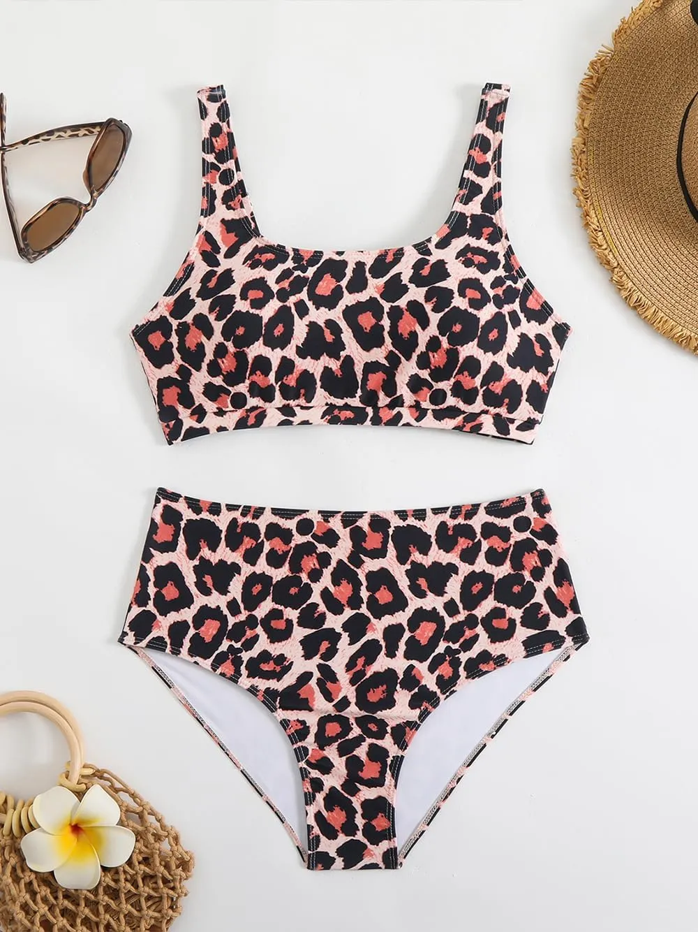 Savarana Women's High Waisted Bikini Sets Two Piece Swimsuit Cheeky Scoop Neck Swimwear High Cut Sporty Bathing Suits