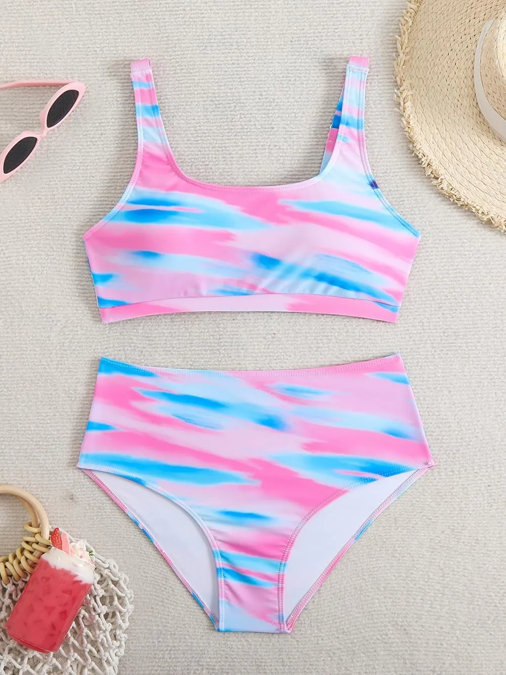 Savarana Women's High Waisted Bikini Sets Two Piece Swimsuit Cheeky Scoop Neck Swimwear High Cut Sporty Bathing Suits