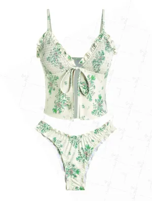seamoly Gingham Bowknot Decor Smocked Ruffles Tie Front Tankini Set