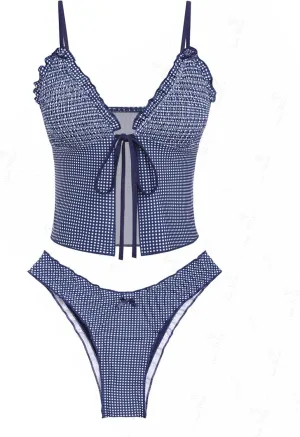seamoly Gingham Bowknot Decor Smocked Ruffles Tie Front Tankini Set