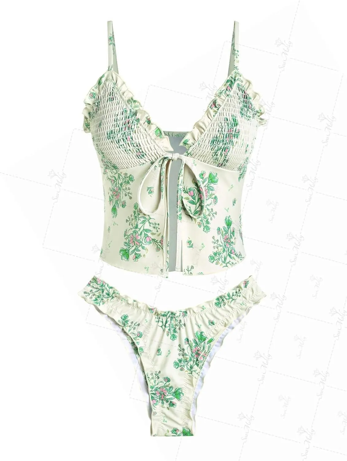 seamoly Gingham Bowknot Decor Smocked Ruffles Tie Front Tankini Set