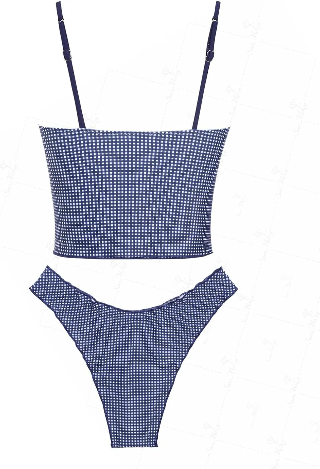 seamoly Gingham Bowknot Decor Smocked Ruffles Tie Front Tankini Set