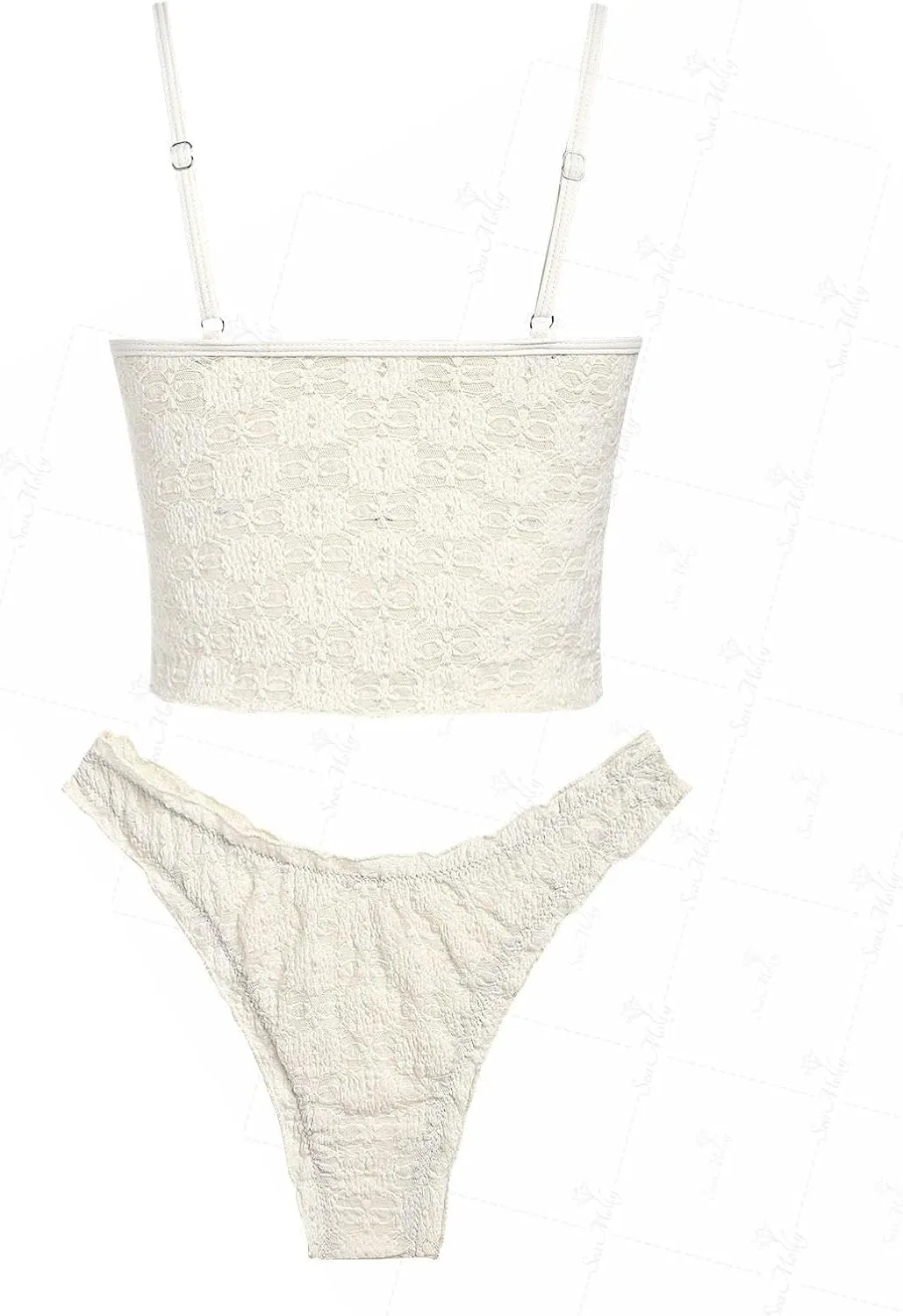 seamoly Lace Jacquard Bowknot Decor Ruffles Tankini Set