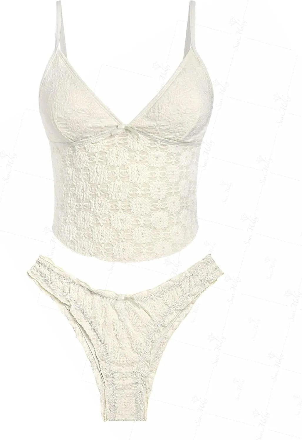 seamoly Lace Jacquard Bowknot Decor Ruffles Tankini Set