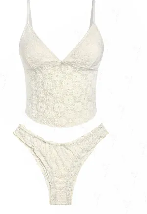 seamoly Lace Jacquard Bowknot Decor Ruffles Tankini Set