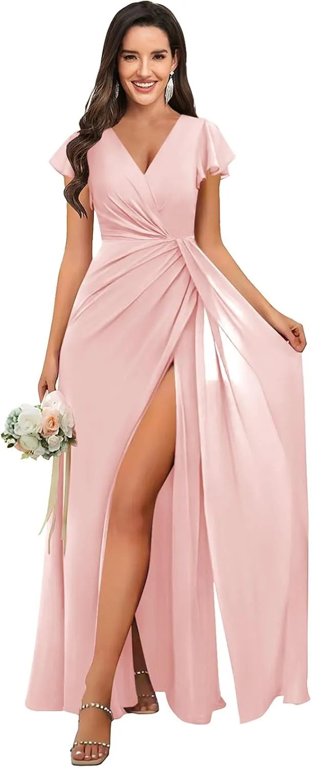 Short Sleeve Bridesmaid Dresses for Wedding Ruched Chiffon A Line Evening Formal Gown with Slit
