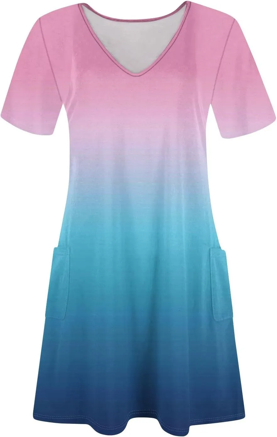 Short Sleeve Dress for Women Casual V Neck Summer Mini Dresses Beach Vacation Loose Flowy Sundress with Pockets