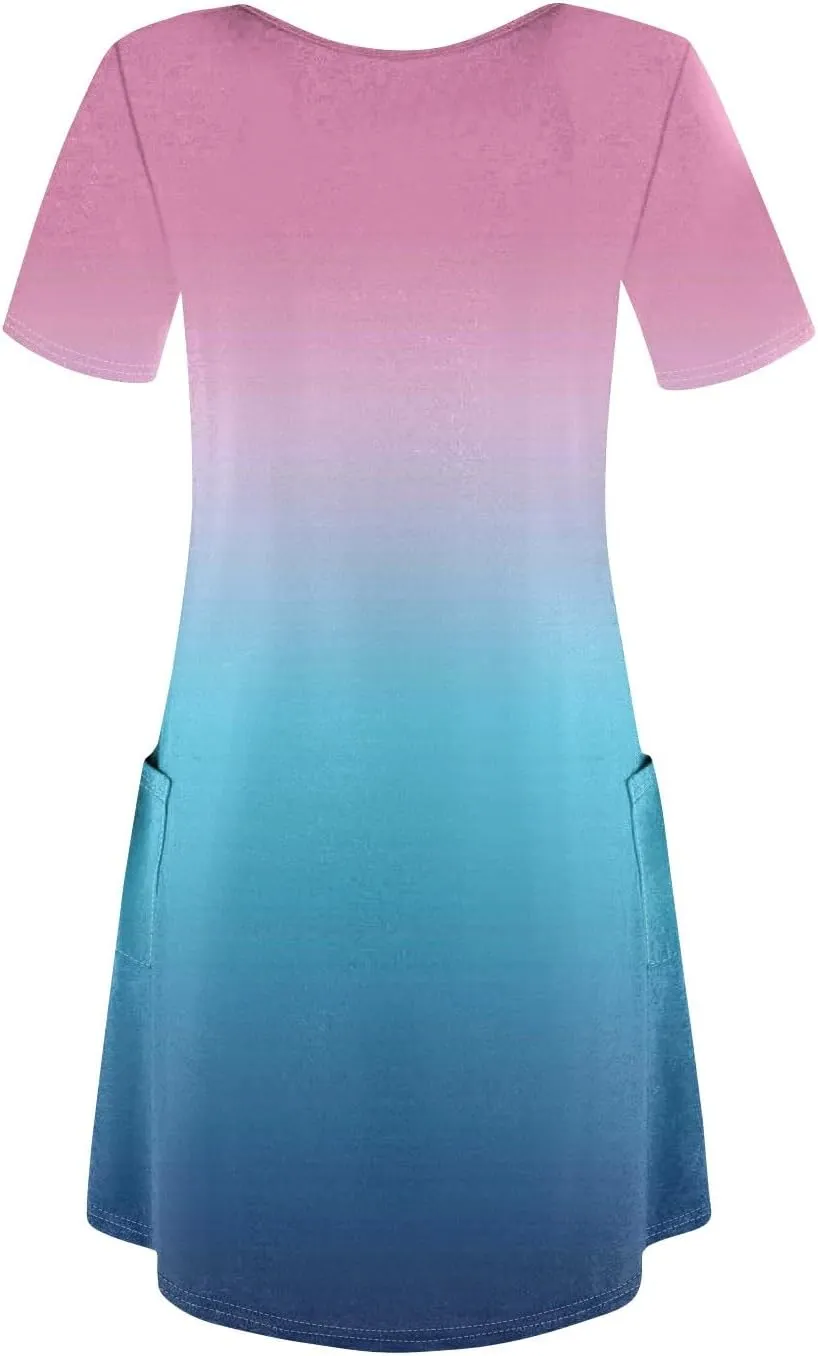 Short Sleeve Dress for Women Casual V Neck Summer Mini Dresses Beach Vacation Loose Flowy Sundress with Pockets