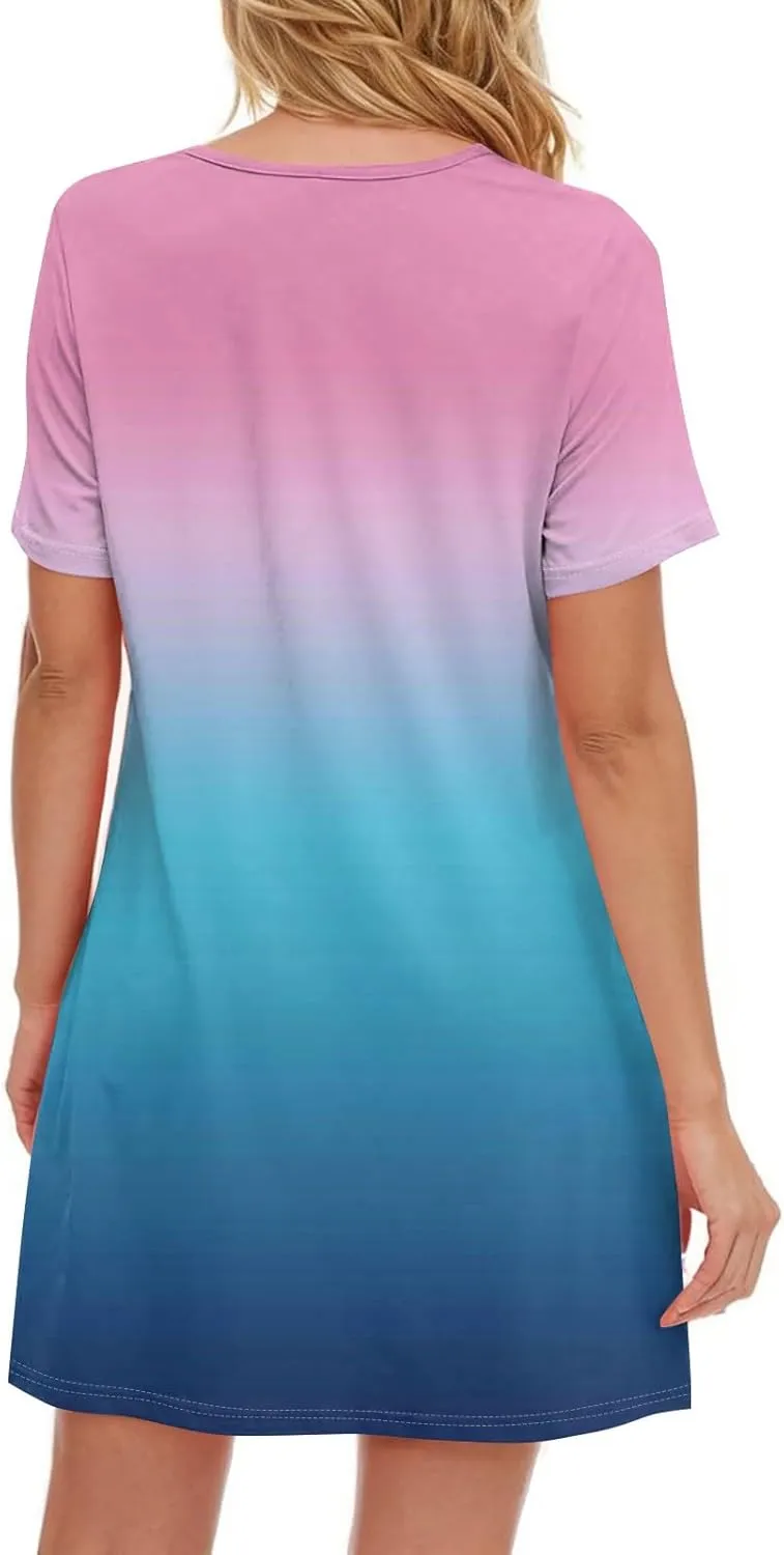 Short Sleeve Dress for Women Casual V Neck Summer Mini Dresses Beach Vacation Loose Flowy Sundress with Pockets