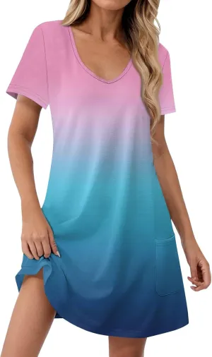 Short Sleeve Dress for Women Casual V Neck Summer Mini Dresses Beach Vacation Loose Flowy Sundress with Pockets