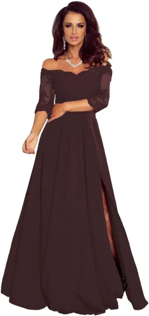 Short Sleeves Laces Appliques Mother of The Bride Dresses for Wedding Off Shoulder Formal Evening Dresses with Slit