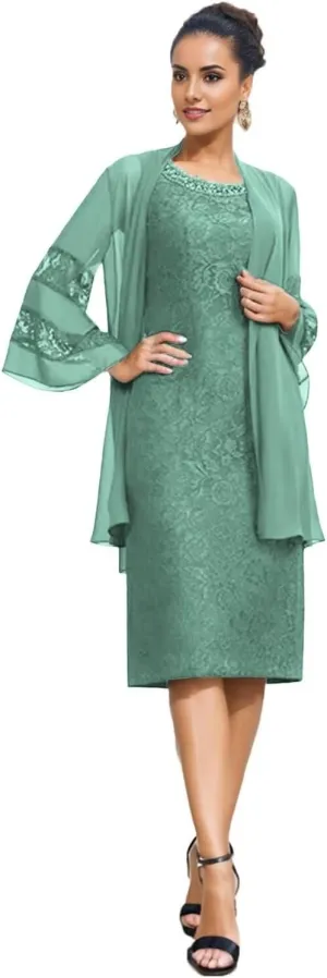 SIPUHK 2 Pieces Mother of The Bride Dresses with Jackets Lace Beaded 3/4 Sleeve Bodycon Formal Dress for Women Wedding Guest