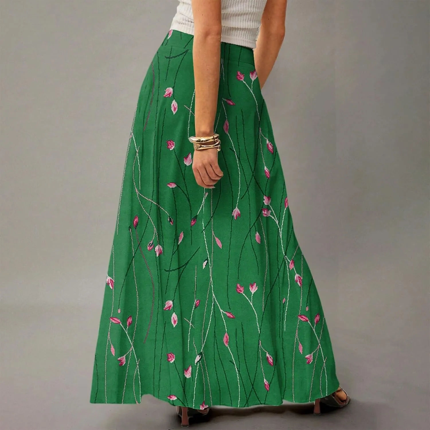 Skirts for Women Midi Length Summer High Waisted Pleated A-Line Swing Floral Long with Pockets