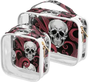 Skull Octopus 2 Pieces Clear Makeup Cosmetic Toiletry Bags for Women Men PVC Waterproof Portable Travel Storage Carry Pouch with Gold Zippers Plastic Tote Bags for Vacation Organizing Bathroom
