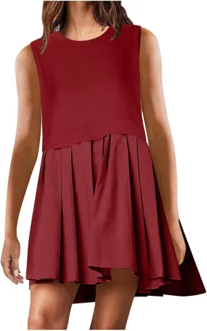 Sleeveless Dresses for Women Casual Summer Pleated Tank Dress Ruffle Flowy Mini Dress Solid Crewneck Pleated Dress