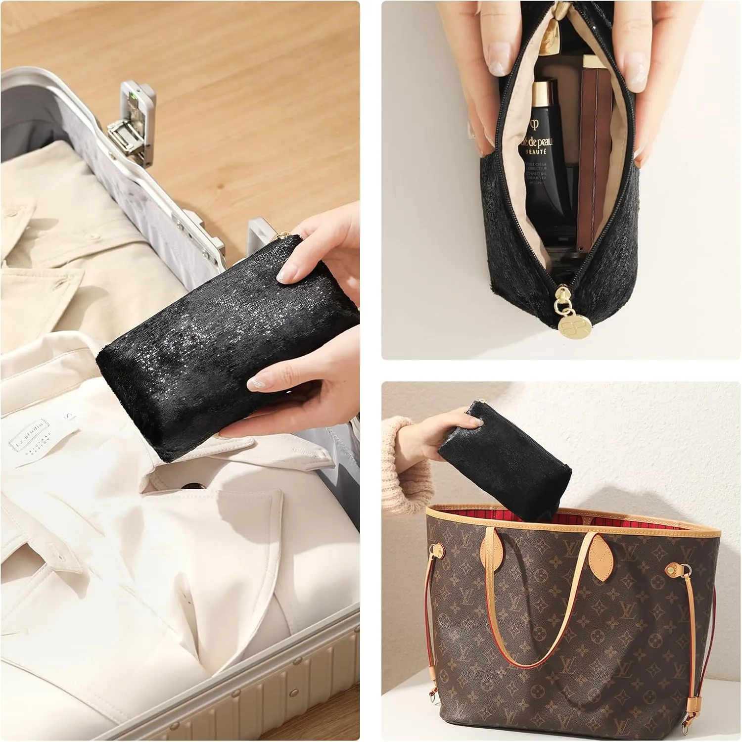Small Makeup Bag for PurseBlack Cosmetic Travel Bag for Women, Cute Make Up Pouch for Accessories