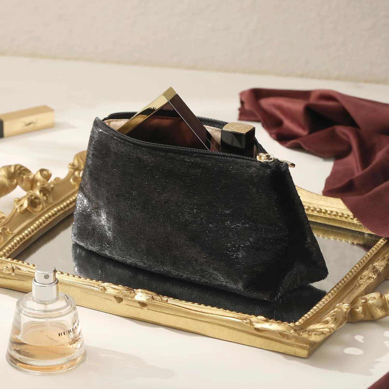 Small Makeup Bag for PurseBlack Cosmetic Travel Bag for Women, Cute Make Up Pouch for Accessories