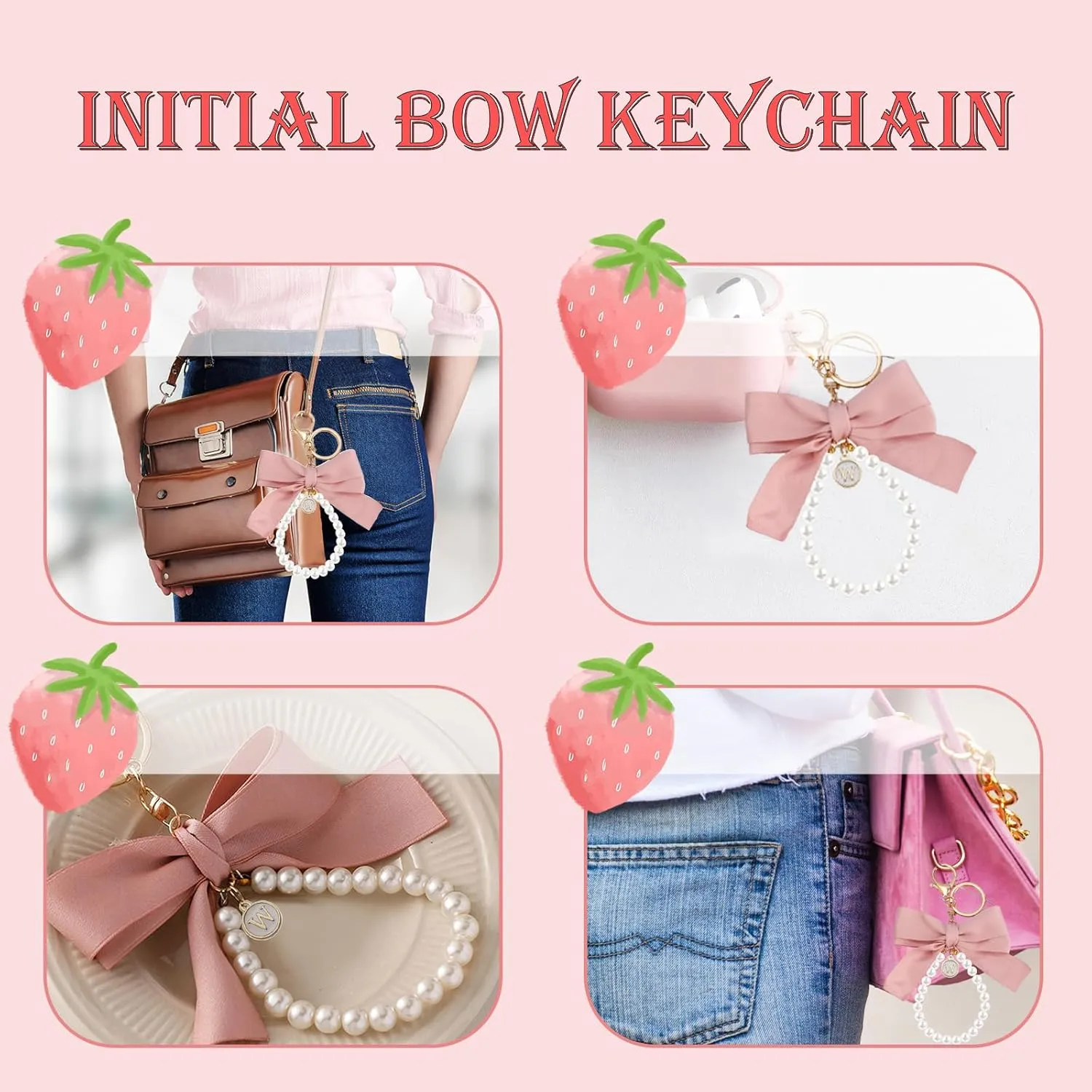 SMUOBT Bow Keychain - Initial Keychain for Women, Cute Pearl Key Chains for Car Keys, Accessories