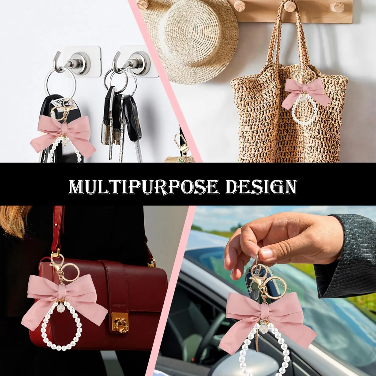 SMUOBT Bow Keychain - Initial Keychain for Women, Cute Pearl Key Chains for Car Keys, Accessories